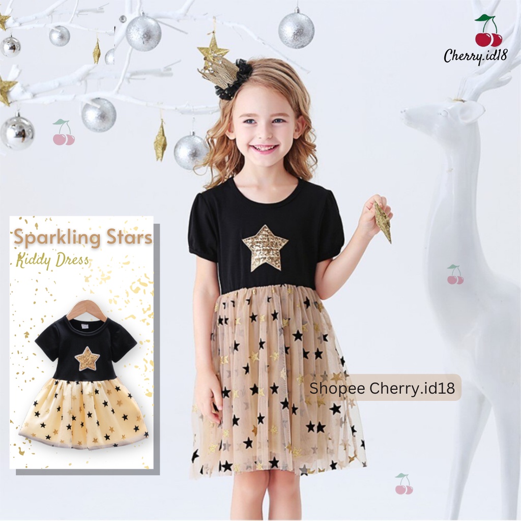 Cherry COD Dress Anak Sparkle Stars / Baju Anak Perempuan / Gaun Anak Cewek D39