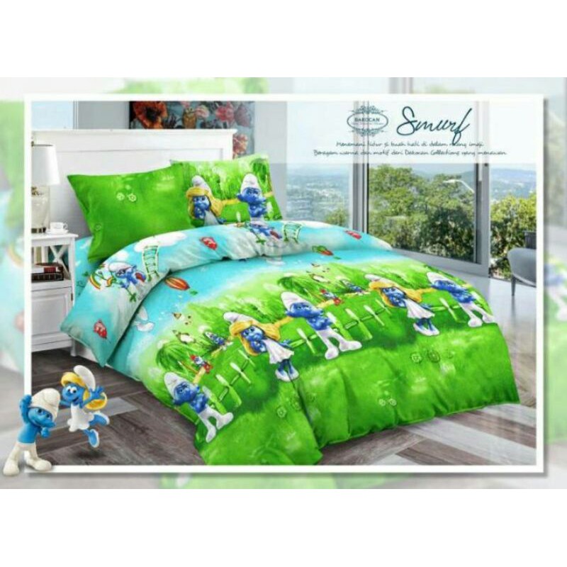 Sprei  katun motif kartun smurf ukuran 90x200-200x200