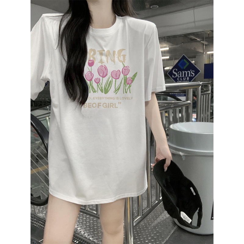 XIAOZHAINV Korean Style Tulip Pattern Printing Kaos Wanita A0019