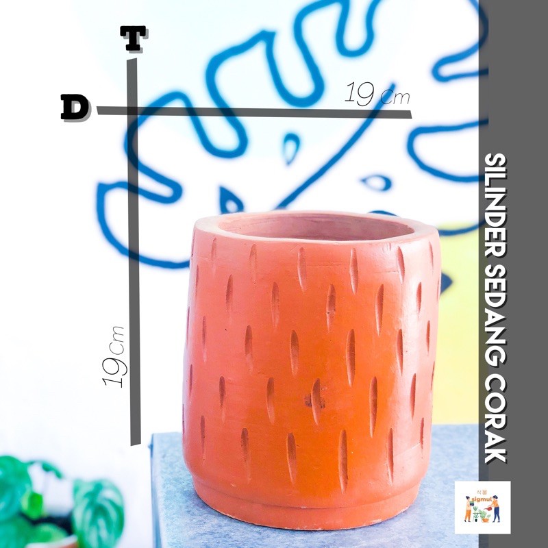 Pot Terakota / Pot Gerabah / Pot Teracotta / Tanah Liat Silinder Sedang Corak