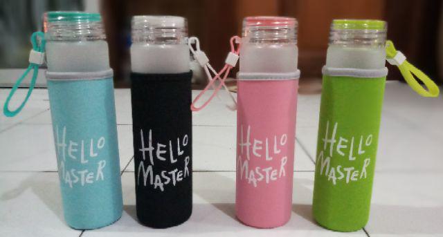 Hello Master + Pouch Warna 450ml Botol Minum Kaca / Botol Air / Water Glass Bottle