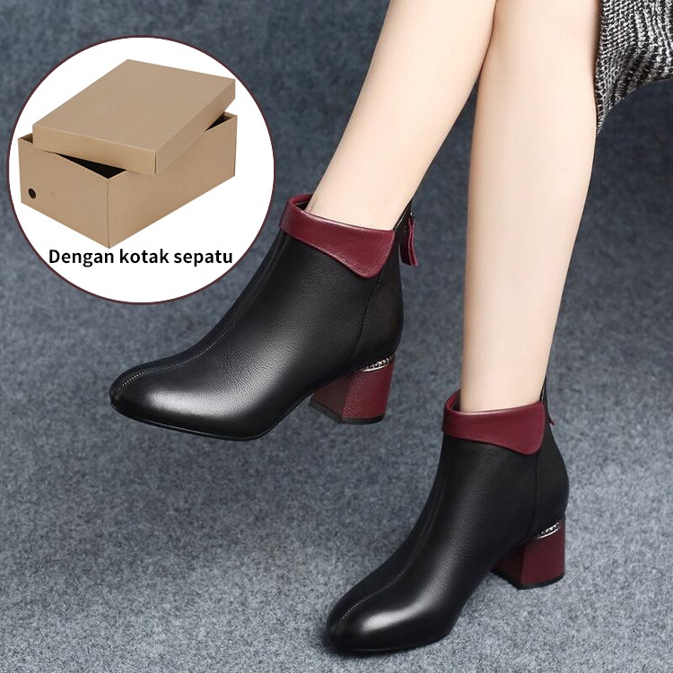 Sepatu Boots Martin Wanita Model Mid Heels Tebal Warna Merah(Dengan kotak sepatu)