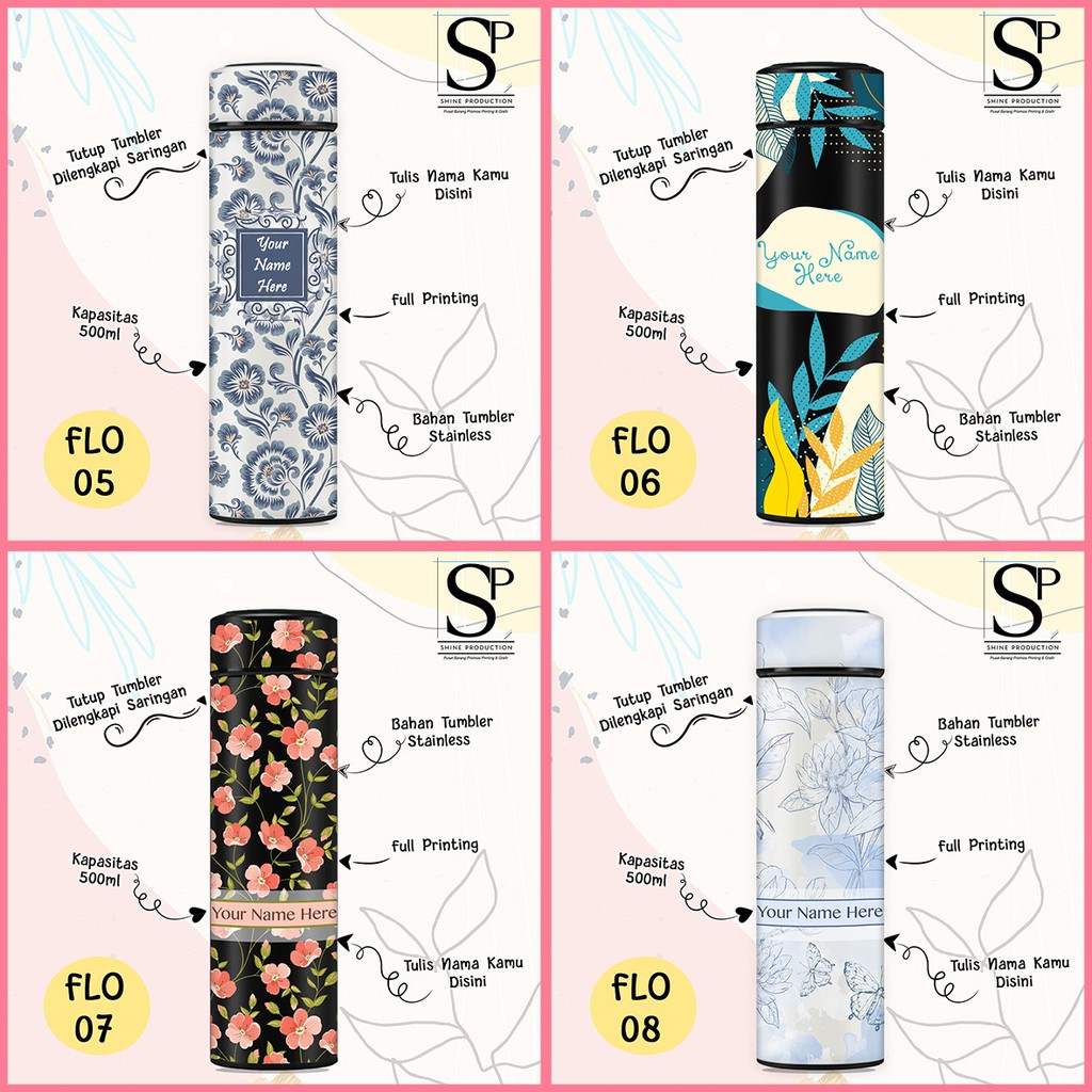 Botol Minum Motif Bunga (Bisa Custom Nama + Full Printing Sampai Tutup)