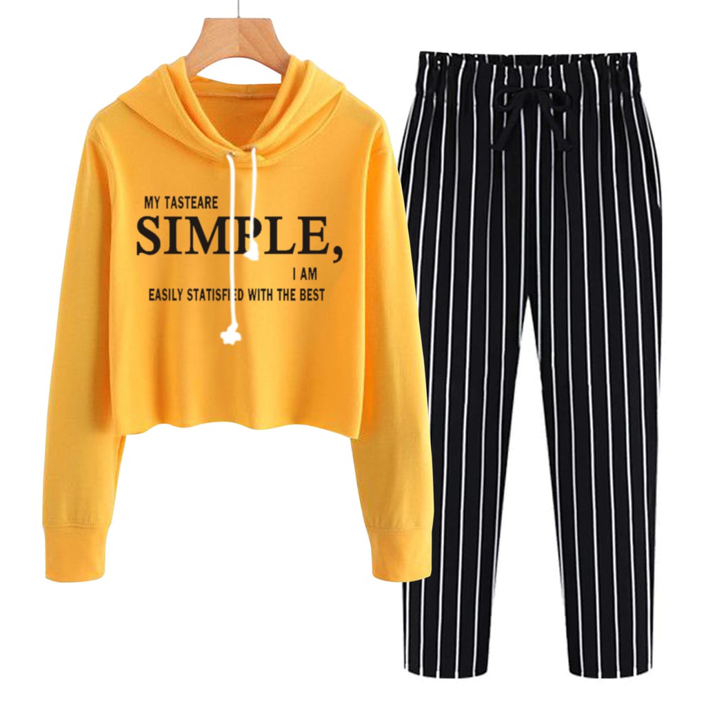 BESS - Baju Setelan Wanita Murah / Setelan Hoodie Crop + Celana Salur Hitam - SIMPLE