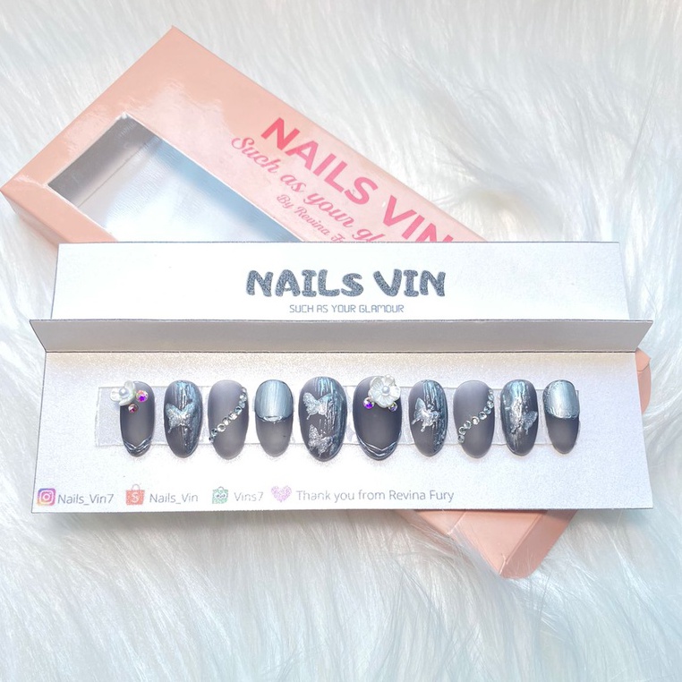 Kuku Palsu Panjang + Lem PRESS ON NAILS Silver Butterfly Fake Nails Art Kuku Pengantin Murah Premium