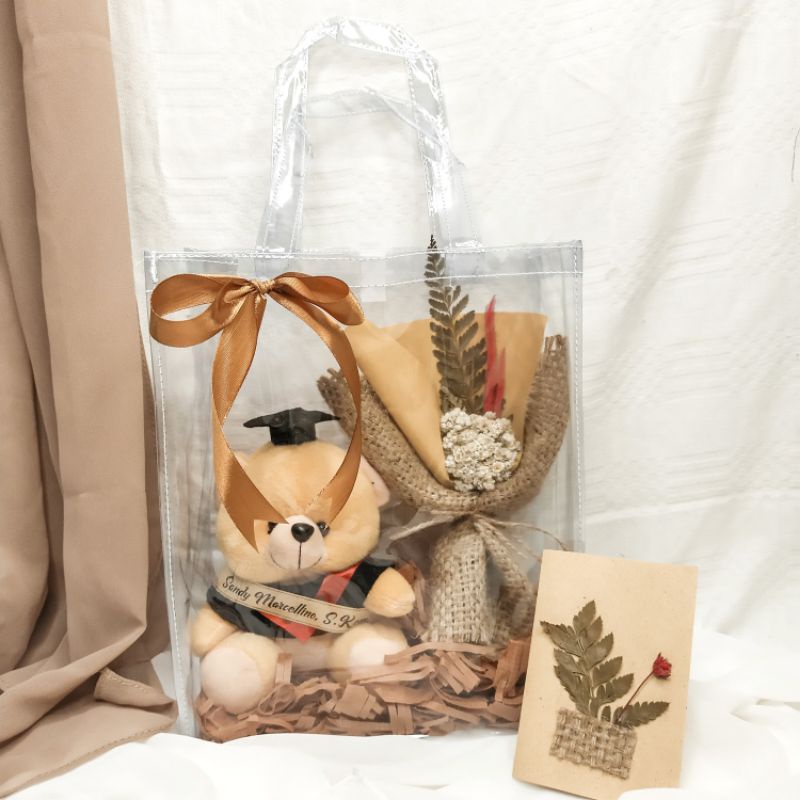 Hampers Gift Bunga Boneka Tas Transparan/Kado Wisuda/Kado Ulang Tahun
