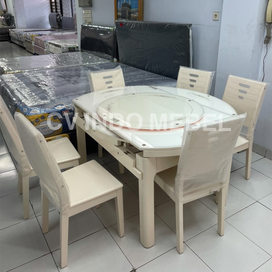 Meja makan lipat minimalis 6 kursi bulat import kaca temper makassar putaran meja makan putih