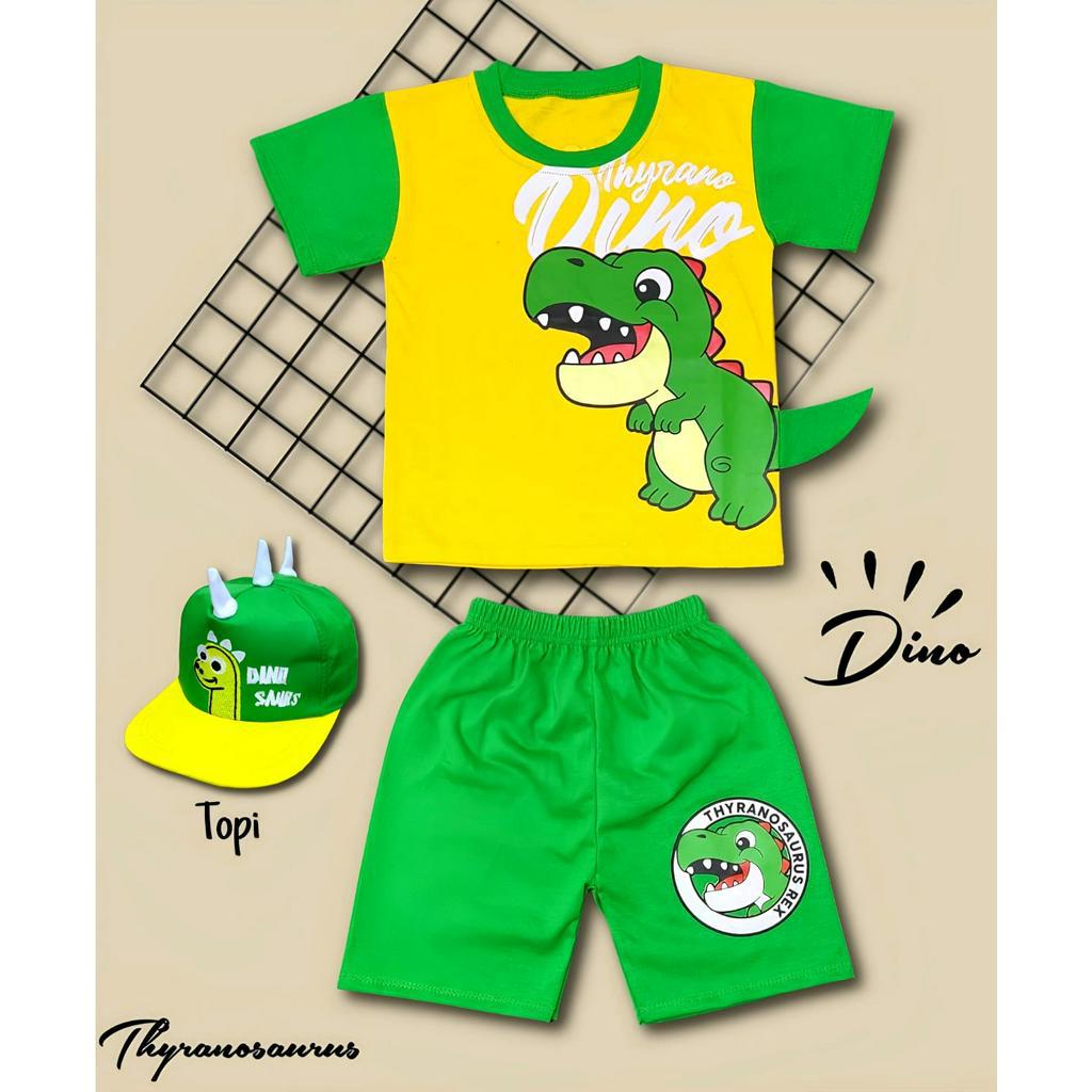 SETELAN BAJU ANAK DINOSAURUS FAT GRATIS TOPI UNTUK ANAK 2-10 TAHUN KE296