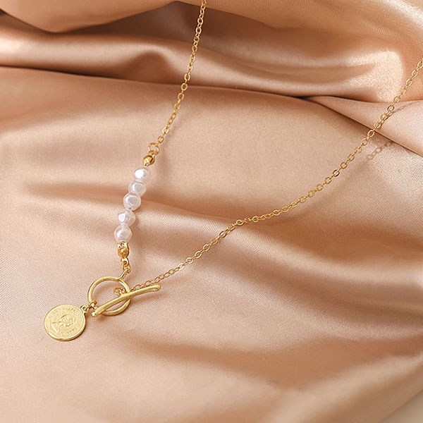 kalung simpel pearl retro coin necklace jka216 (3E3)