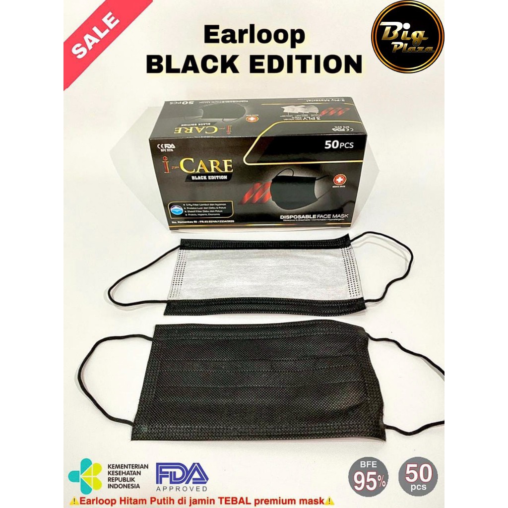 I-Care Black Earloop Masker Hitam 3ply Earloop isi 50pcs Icare Black Edition Hitam Putih - Big Plaza