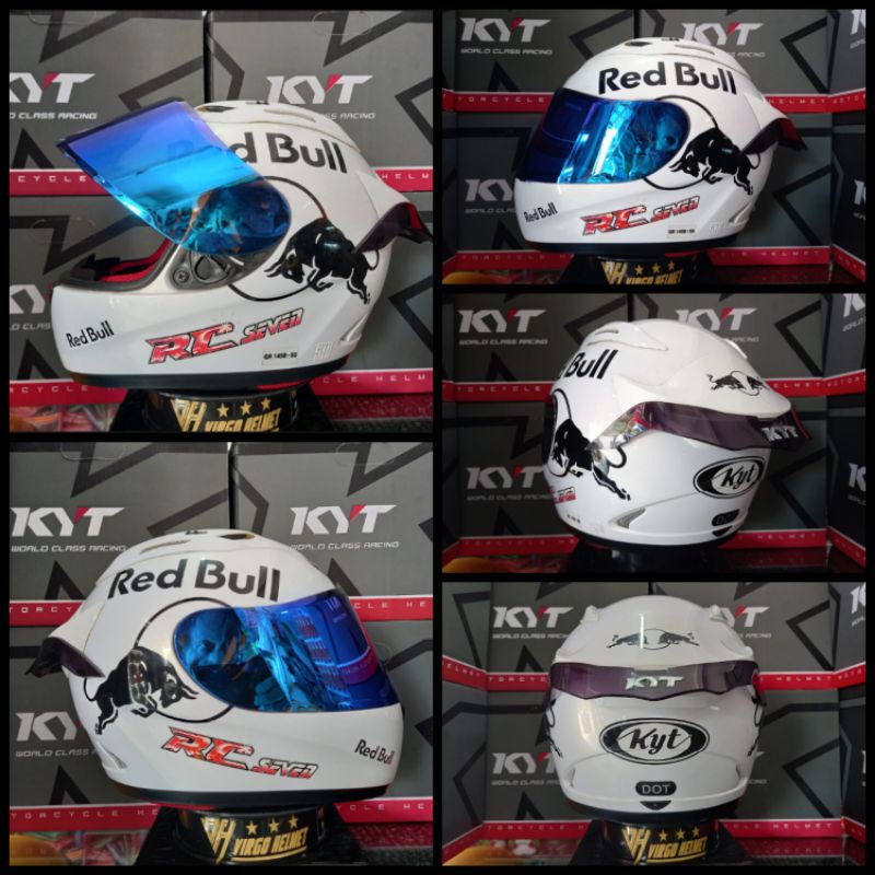 KYT Helm RC7 Solid White paket ganteng Red Bull include visor ORI