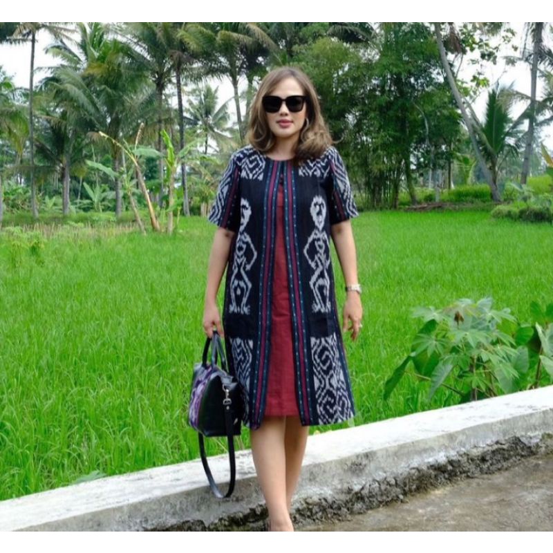 Dress Casual Tenun Blanket Tunik Wanita Motif Tenun Etnik