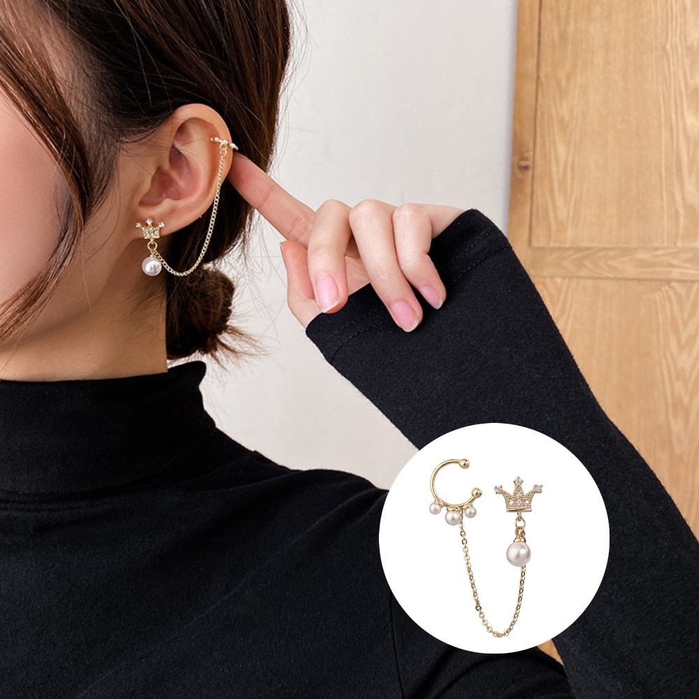 【MHANG】Anting Klip Mutiara Mahkota Emas Manis Anting-anting Wanita Rantai Terintegrasi Fashion Unilateral