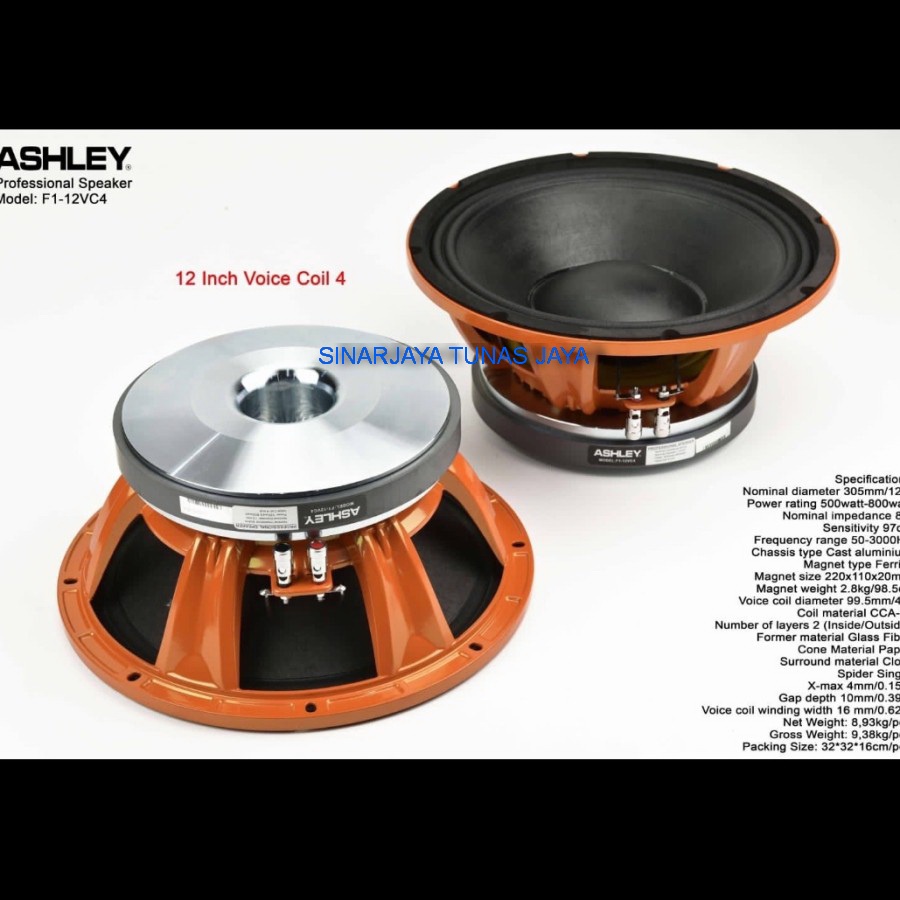 ASHLEY SPEAKER KOMPONEN F1-12VC4 12 IINCI VOICE COIL 4IN ORIGINAL