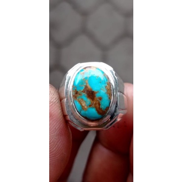 Natural batu pirus persia biru fancy gradasi ring perak 925 jaminan batu asli