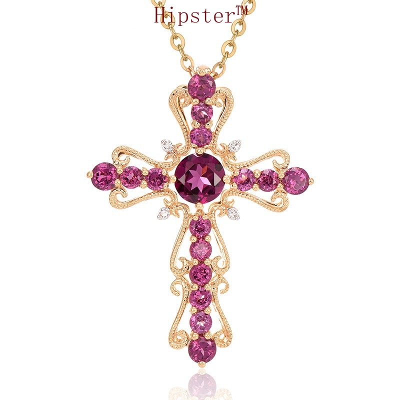 Hot Sale Refined Rhinestone Hollow Natural Ruby Cross Pendant Necklace