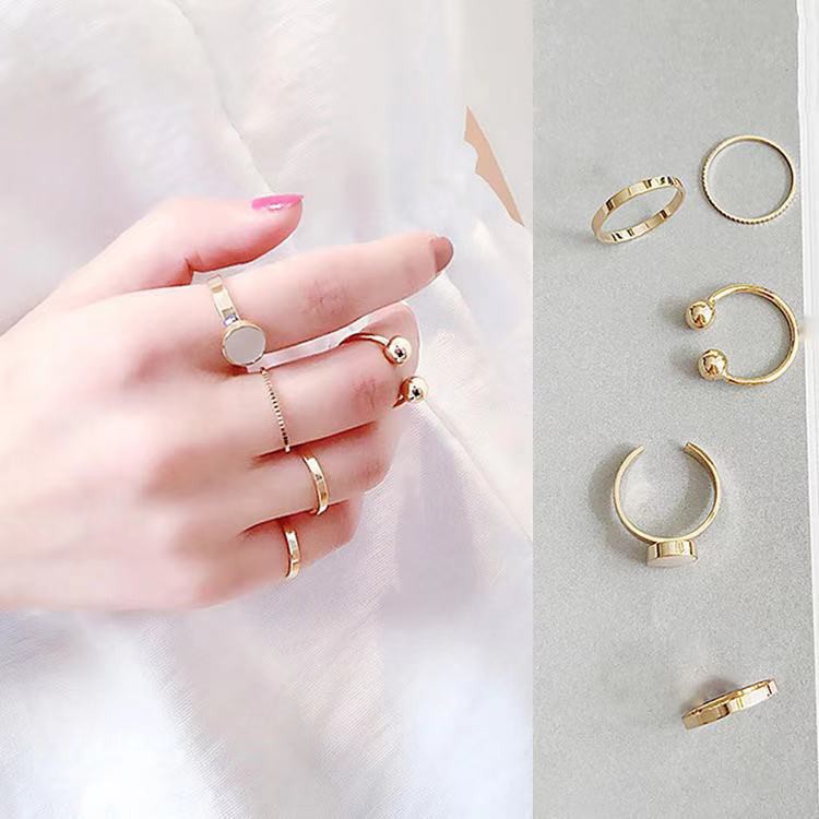 5Pcs / Set Cincin Jari Aneka Bentuk Warna Gold untuk Wanita/ Wanita Model Vintage  Cincin