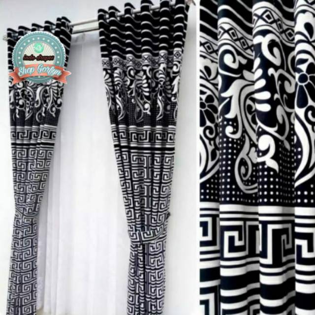 Gorden Jendela Pintu Motif Batik Murah Hitam Putih Model 12 Lubang Smokring Ukuran L 140x T 210