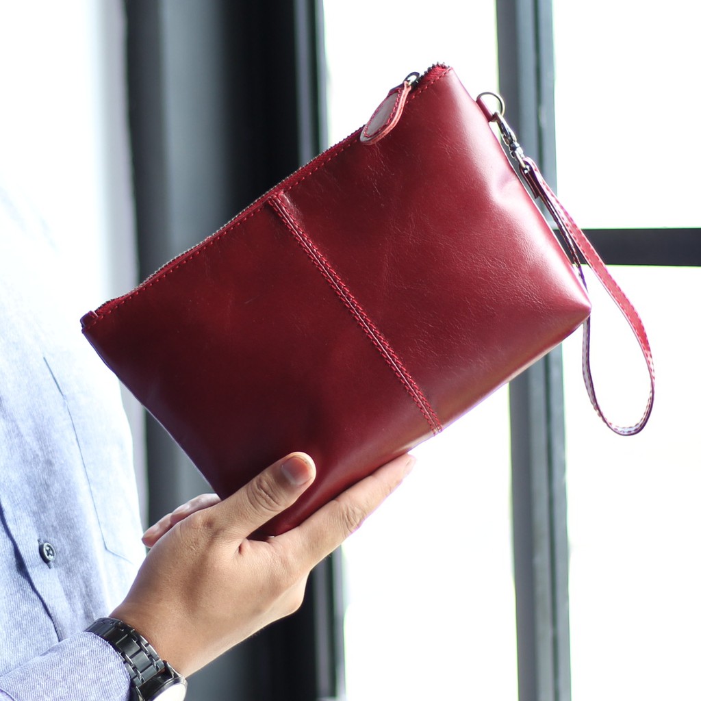 CLUTCH WANITA KULIT ASLI HELLENA MERAH MAROON / FREE GRAVIR NAMA