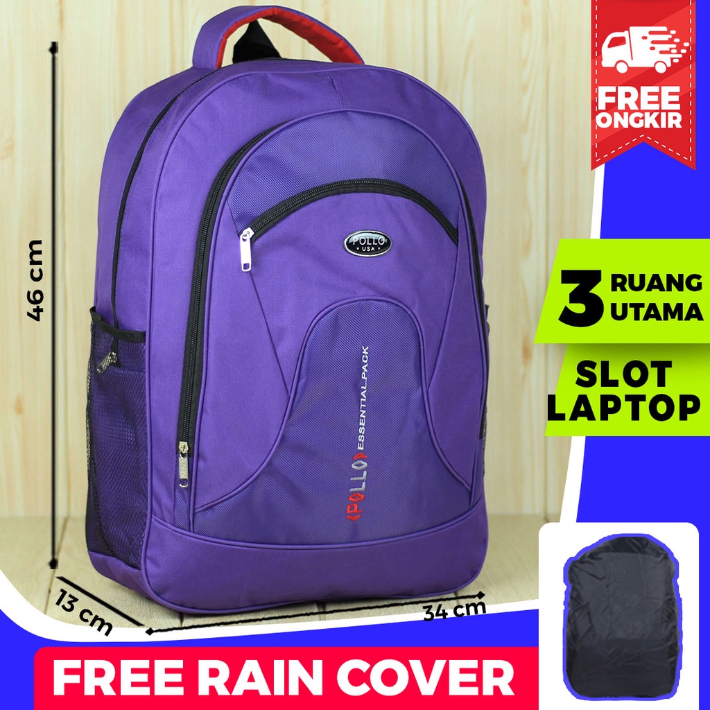 Tas Sekolah Pria Polo Essential Ungu Backpack Gendong Punggung Multifungsi Bahan Tebal Muat Laptop LKS Bonus Raincover Sekolah SMA SMP Ransel Kerja Dinas Grosir