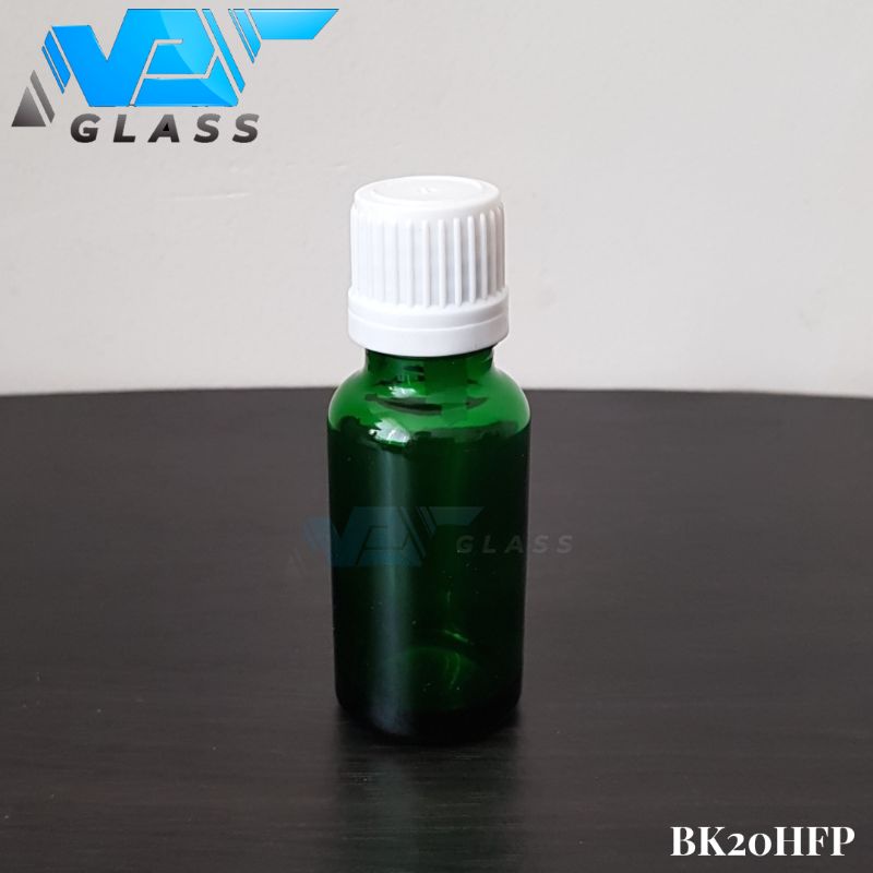 botol kaca 20ml tebal hijau tutup filler putih