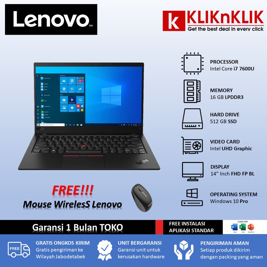 LENOVO Thinkpad X1 Carbon Core i7 7600U 16GB 256GB SSD FHD