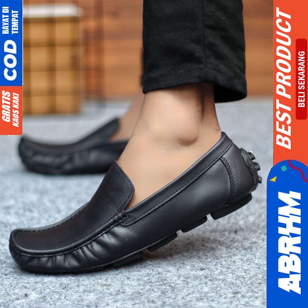 Sepatu Casual Pria Slip On Slop Selop Pansus Santai Kulit Asli Kerja Kantor Kulit Kondangan Hitam Polos Fashion shoes Terbaru Original Murah Kekinian Cowok GENIO ABRHM