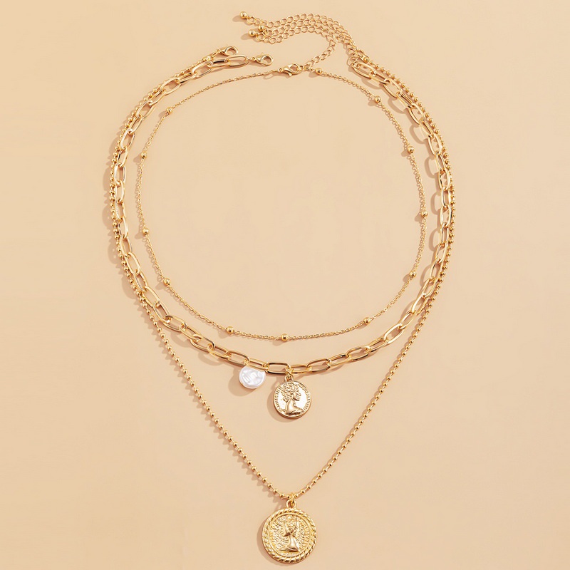 Kalung Rantai Tulang Selangka Tiga Lapis Aksen Mutiara Imitasi Bentuk Bulat Timbul