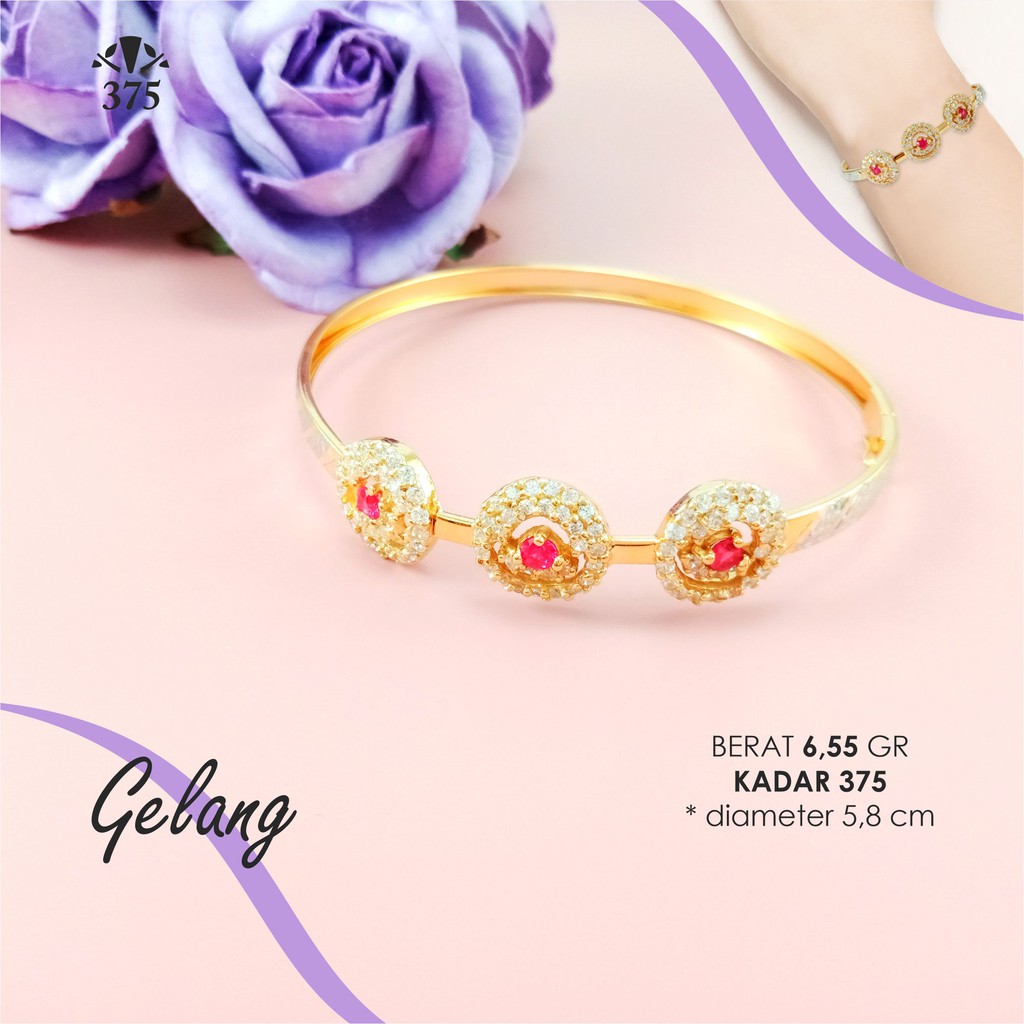 GELANG EMAS ASLI VARIASI 3 BUNGA BATU MERAH KADAR 375
