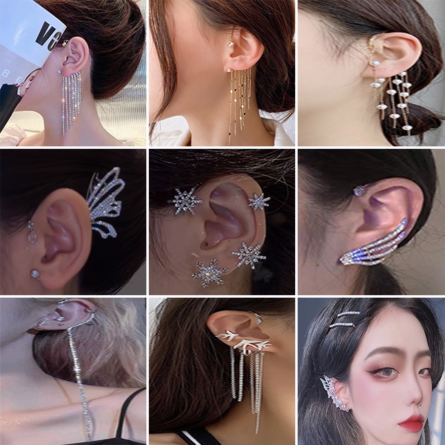 Anting Klip Tanpa Tindik Desain Kupu-Kupu / Snowflake Hias Berlian Untuk Wanita