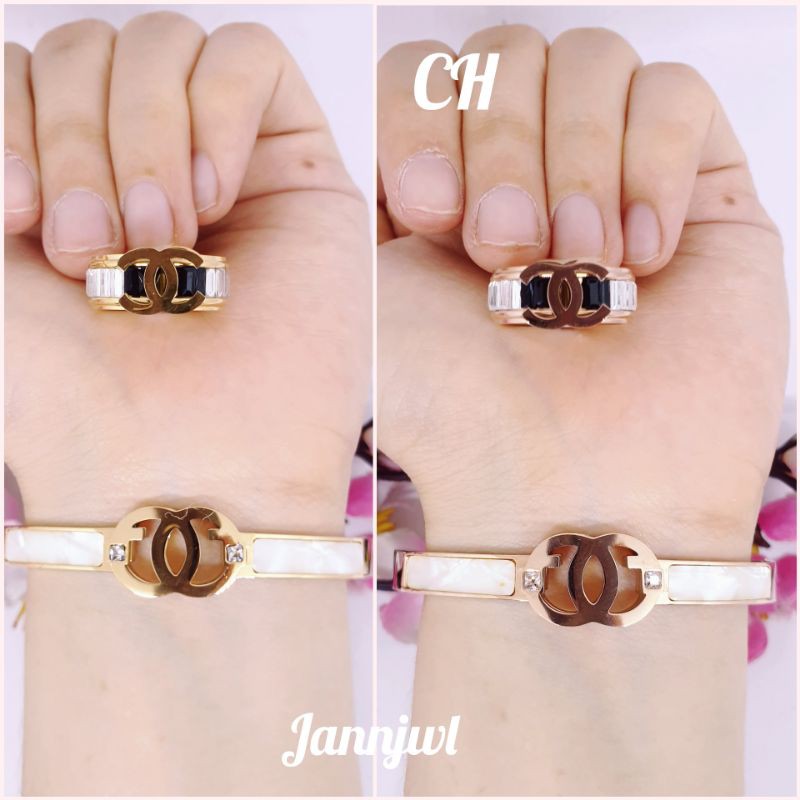 Gelang set+Cincin(JJ-288)titanium asli anti karat&amp;alergi rose gold uk6Cm permata