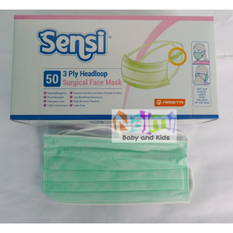 ORIGINAL Sensi Surgical Face Mask Earloop Headloop 50 / Masker Kids Anak 40 / Convex 4 ply 20pc