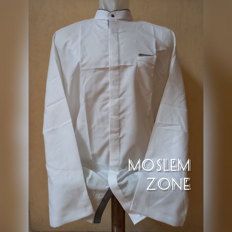 Baju Koko Jumbo 3L 4L 5L Al-Luthfi Putih BW Aplikasi Lengan Panjang