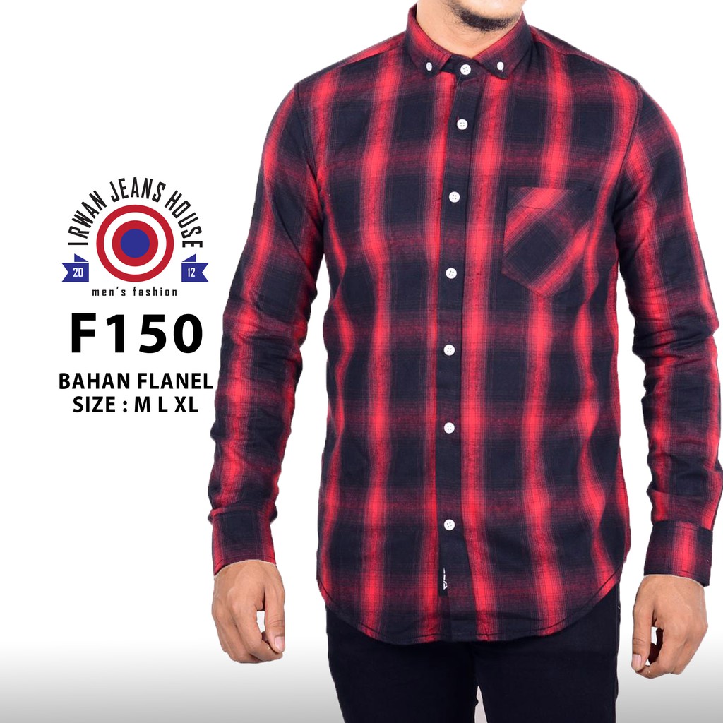 F Kemeja Flanel Pria Cowok Slim Fit Lengan Panjang Baju Cowok