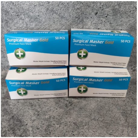MASKER 3PLY SURGICAL GOLD MASK EARLOOP WARNA BIRU  ISI 50 PC