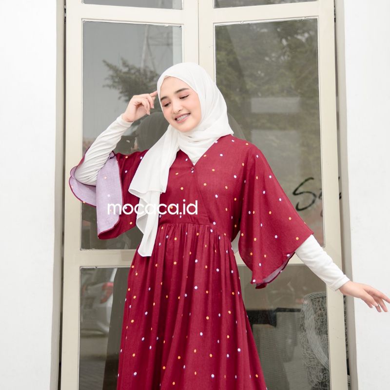 Dress Bahan Rayon Model Unik polkadot maroon polka kimono batwing lengan terompet tali pinggang