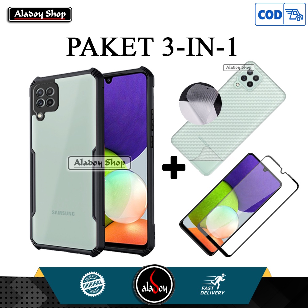 PAKET Case Samsung A22 4G 2021 Casing + Tempered Glass Layar + Skin Carbon