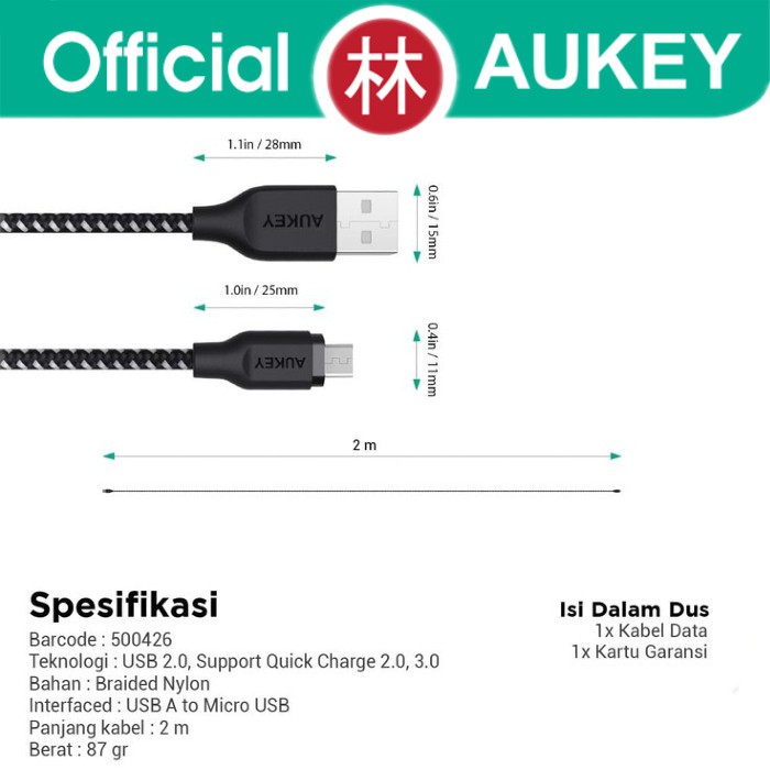 Aukey CB-BAM2 Data Cable Micro USB Braided Nylon 2m