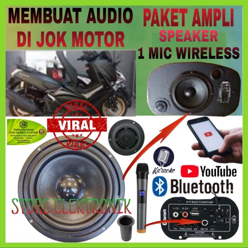 Paket Membuat Audio Di Jok MOTOR , Speaker 3R 6 Inch Ampli Karaoke 1 Mic Wireless