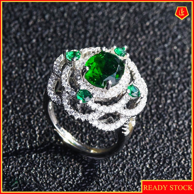 [Ready Stock]Luxury Elegant Micro-Inlaid Diamond Natural Emerald Ring