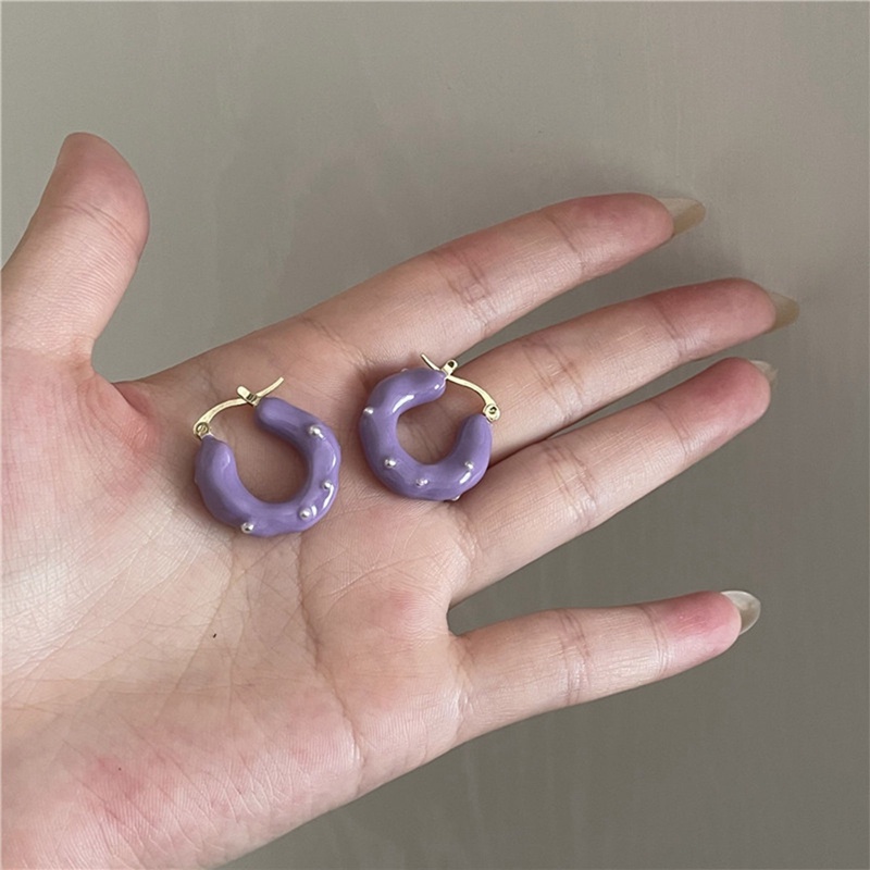 Anting Tusuk Gantung Desain Geometri Enamel Hias Mutiara Ungu Gaya Retro Untuk Wanita