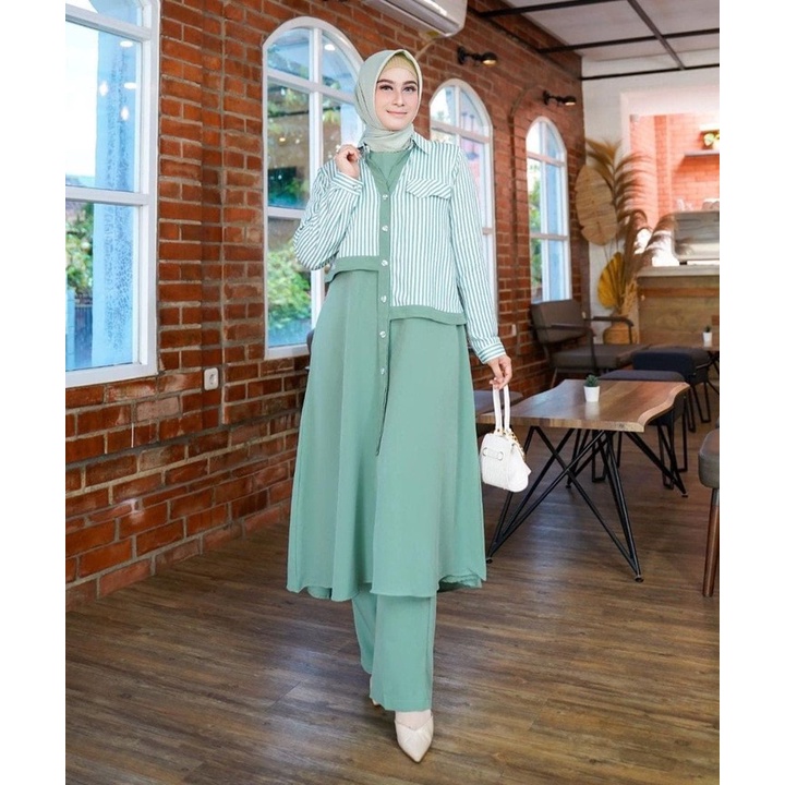 Baju Muslim Wanita Terbaru HANUM SET 3IN1 bahan kain SHAKILA TORY MIX KATUN SALUR yang ringan, adem,