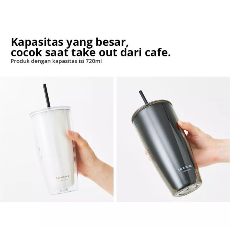 Lock n Lock Double Wall Cold Cup 720ml HAP507 / Bucket Cold Cup With Straw 580ml HAP520 Tumbler Lock&amp;Lock Mug Cangkir Hitam Putih