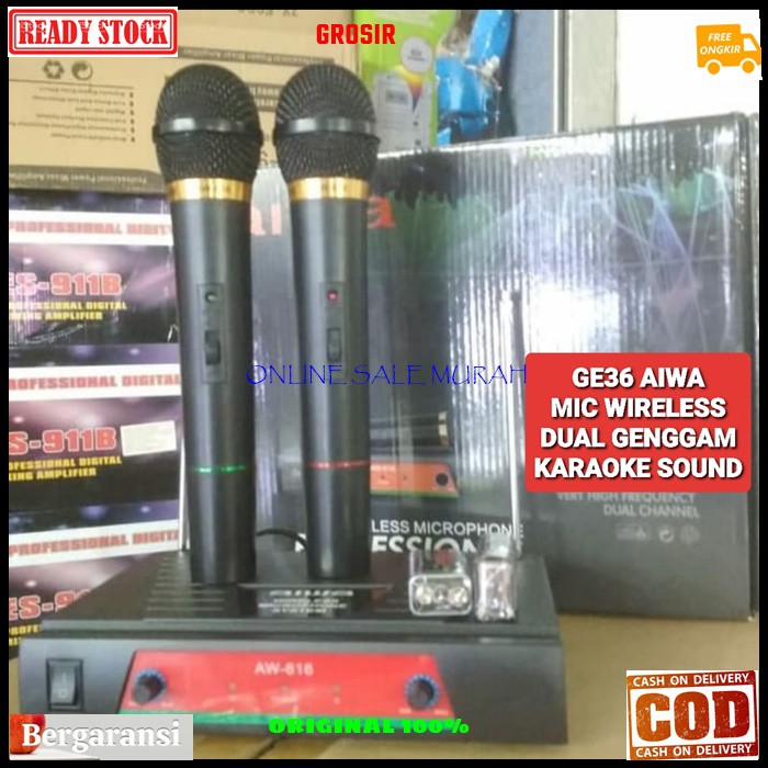 G36 Aiwa naiwa mic wireless system wireles sistem karaoke vokal vocal microphone mic mikrophone profesional pro sound audio panggung dj studio G36  1receiver +2 mic BISA DIGUNAKAN SEGALA JENIS AUDIO SOUN  Sepasang 2 unit mic handle pegang jarak 20 - 30 me