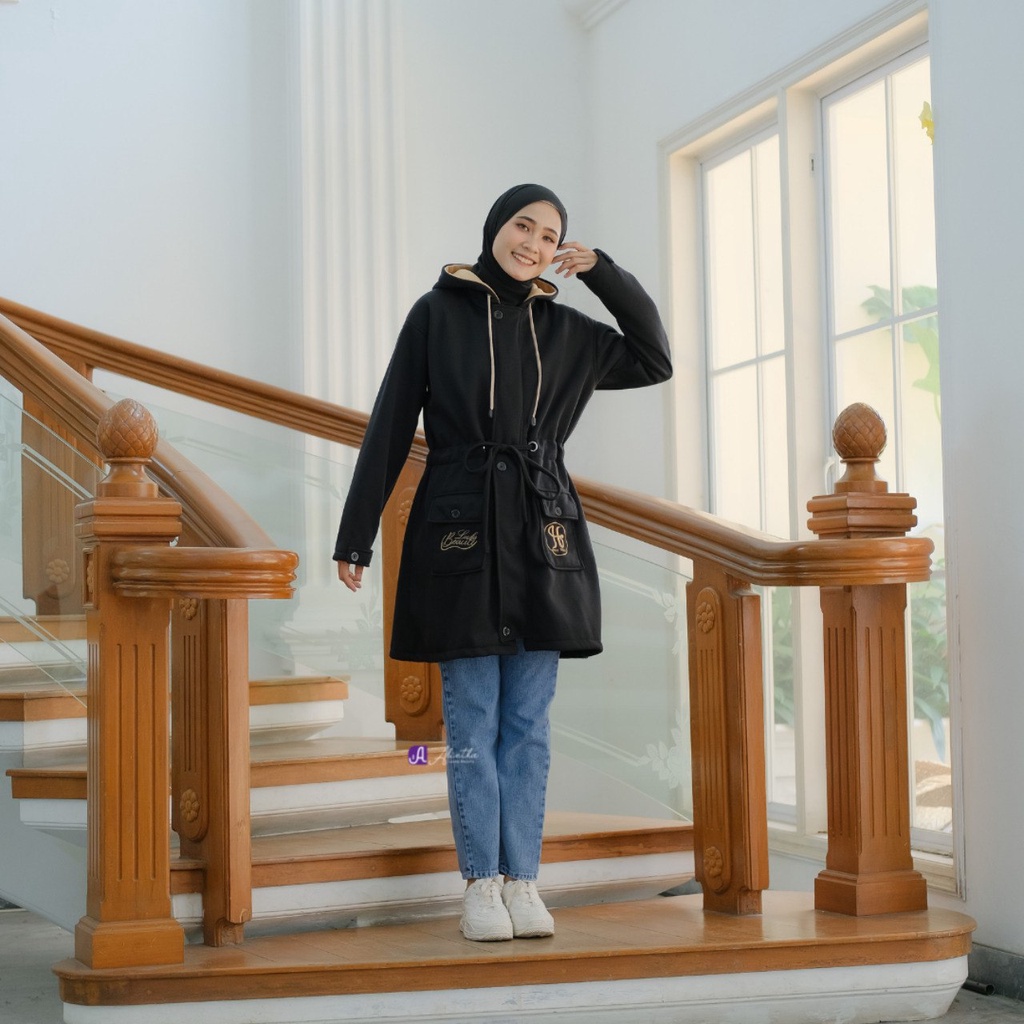 Jaket Panjang Outer Wanita Muslimah Hijab Hoodie Terbaru Kekinian-Hitam