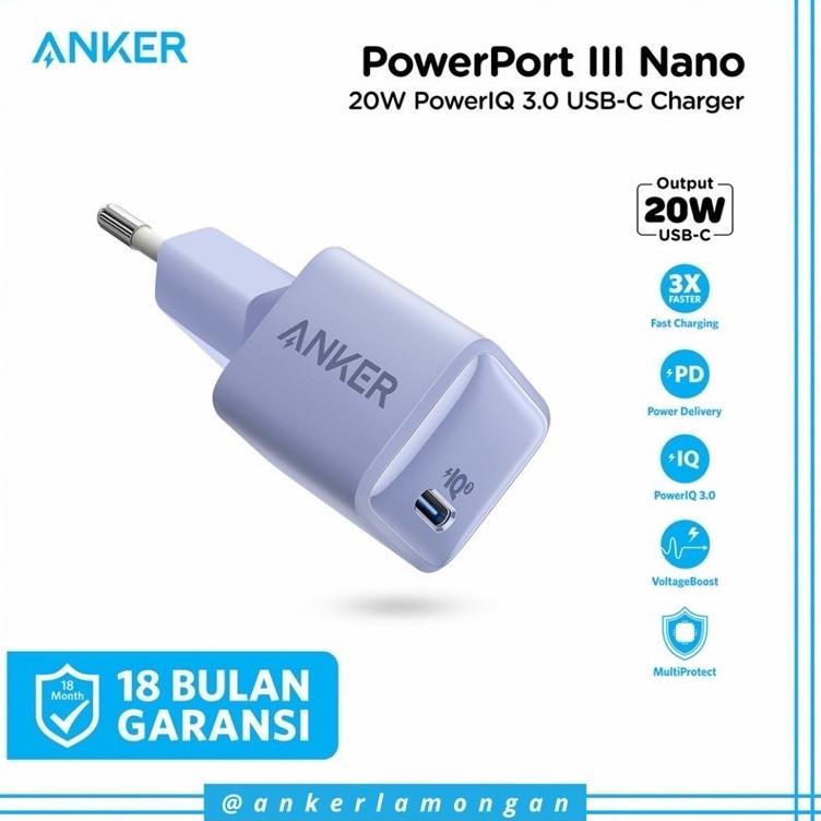 [KODE 547] Wall Charger Anker PowerPort III Nano 20W A2633 | Adaptor Cas Fast Charging PD QC PIQ Power IQ 3.0 Support Usb Type C to Lightning MFi / Type C to Type C for iPad Pro Air 11” 12.9” iPhone 13 12 11 / Pro / Pro Max / Mini / X Xr Xs Max / SE 2022