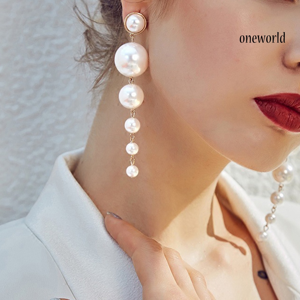 OW@ Elegant Faux Pearls Long Earrings Pearls String Linear Dangle Wedding Party Gift