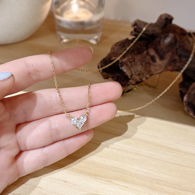 Roselife Kalung Choker Rantai Liontin Hati Hias Zircon Gaya Chic Untuk Wanita