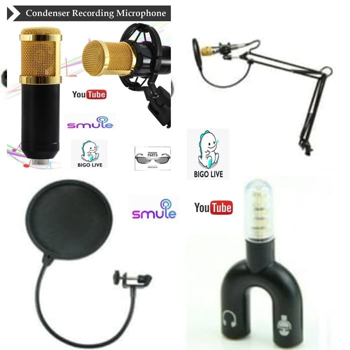 PAKET 1 SET KARAOKE RECORDING Microphone BM 800 Stand Mic + Pop Filter Voice Recorder