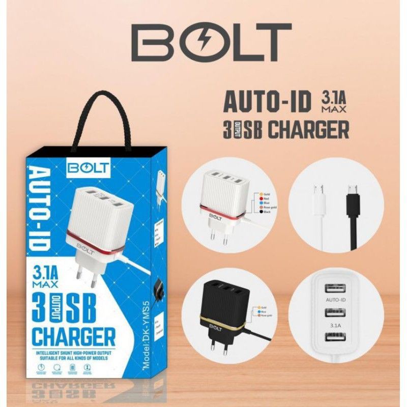 Charger BOLT AUTO - ID 3.1A Micro Usb Fast Charging 3 Output Usb Premium Quality